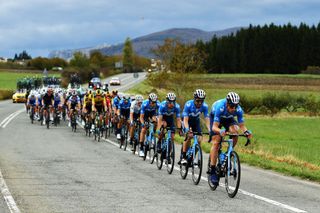 LEKUNBERRI SPAIN OCTOBER 21 Imanol Erviti of Spain and Movistar Team Jose Joaquin Rojas Gil of Spain and Movistar Team Nelson Oliveira of Portugal and Movistar Team Carlos Verona Quintanilla of Spain and Movistar Team Enric Mas Nicolau of Spain and Movistar Team White Best Young Jersey Peloton Landscape during the 75th Tour of Spain 2020 Stage 2 a 1516km stage from Pamplona to Lekunberri lavuelta LaVuelta20 La Vuelta on October 21 2020 in Lekunberri Spain Photo by David RamosGetty Images