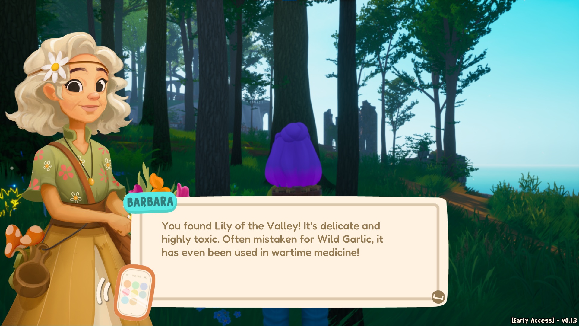 Out and About screenshot of Barbara, who's a woman with white hair that's decorated with a daisy headband, talking about the Lily of the Valley, and how it's delicate but highly toxic
