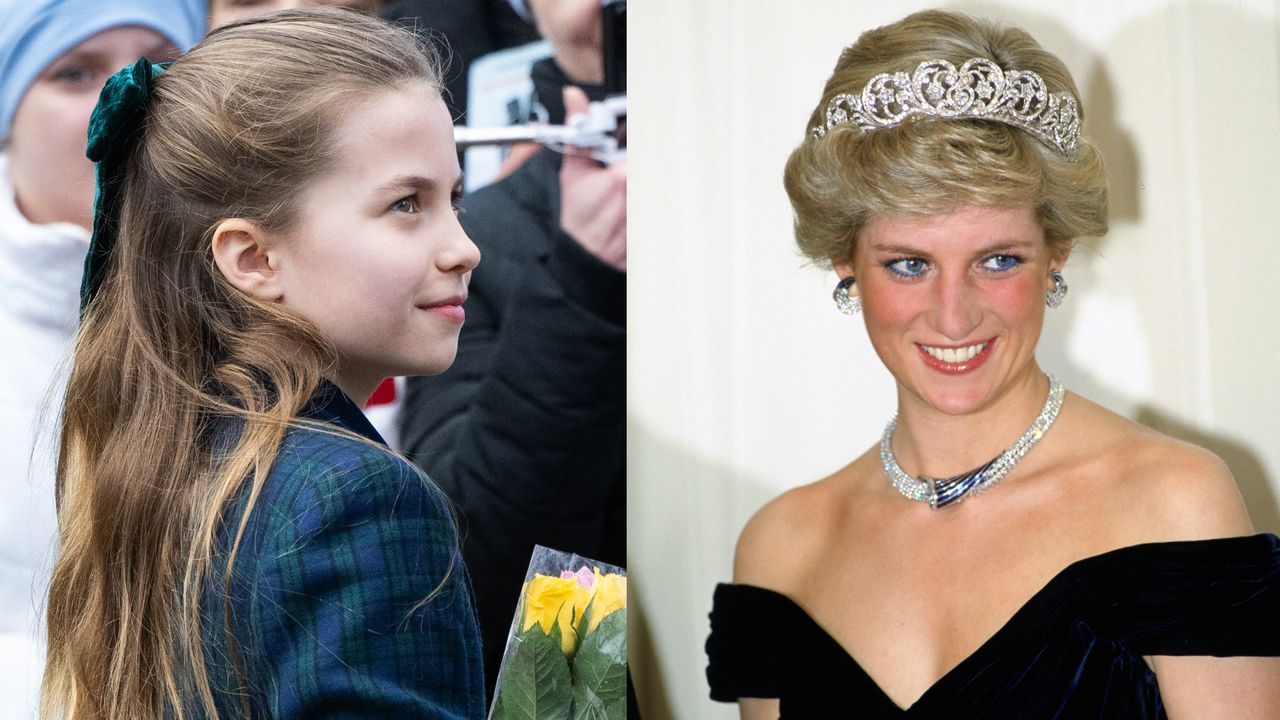 Princess Charlotte wearing a blue and green plaid coat and green hairbow holding flowers and smiling while looking to the right next to a photo of Princess Diana wearing the Spencer Tiara and a low-cut black evening gown with a diamond and sapphire necklace