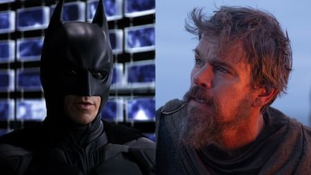 Batman (Christian Bale) speaks in The Dark Knight, while Odysseus (Matt Damon) looks up in The Odyssey.