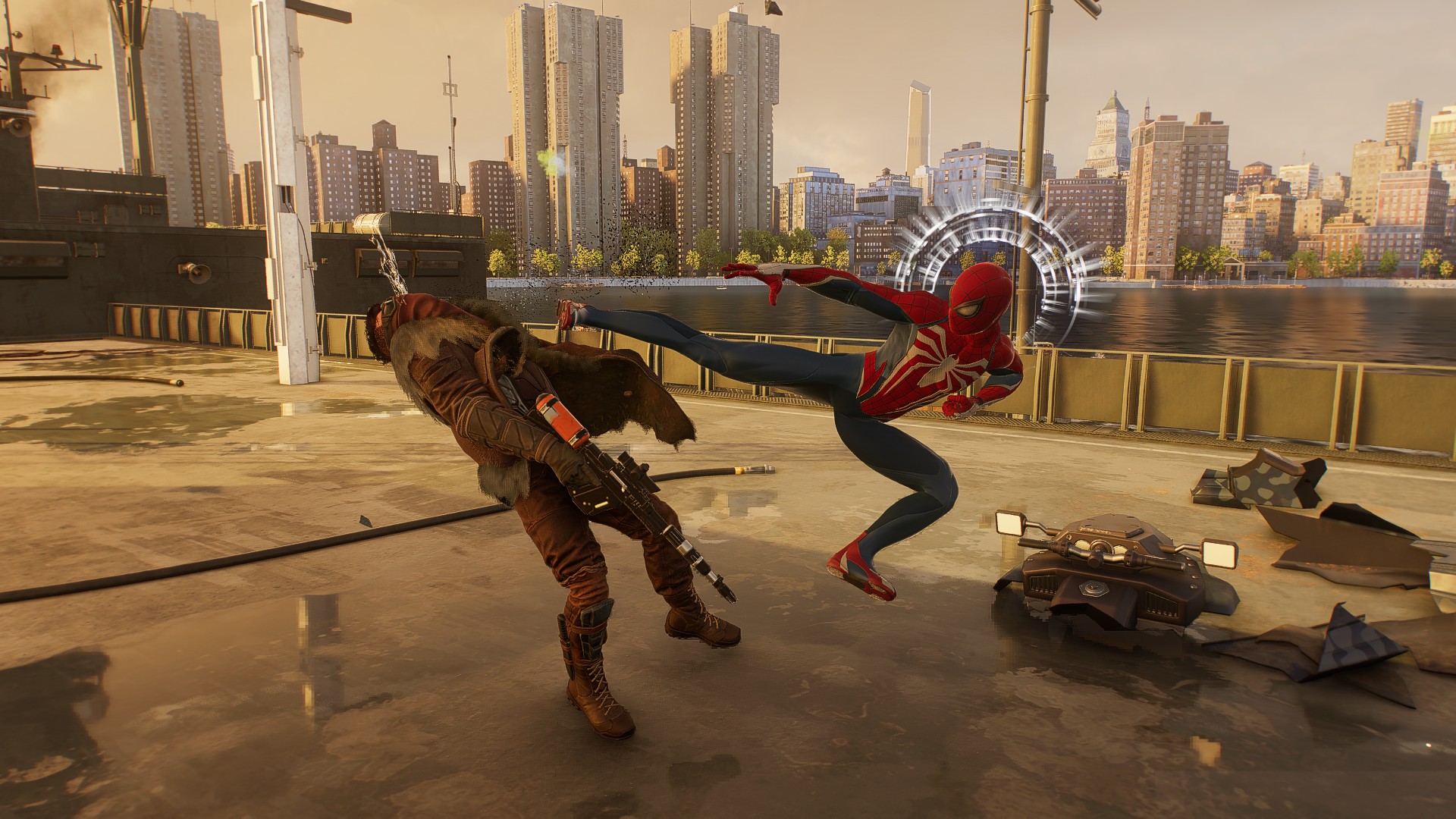 Spider-Man (Peter Parker) kicking one of Kraven's henchmen in Spider-Man 2.