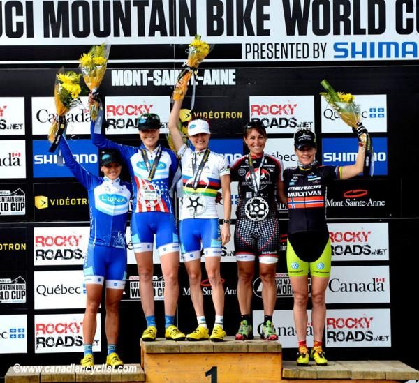 Elite women's podium: Katerina Nash (Luna), Georgia Gould (Luna), Catharine Pendrel (Luna), Marie Helen Premont (Rocky Mountain), Gunn-Rita Dahle-Flesja (Multivan Merida)