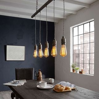 ceiling light with bistro bar pendant and wooden dining table