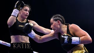 Katie Taylor (L) fights Chantelle Cameron (R) ahead of the Cameron vs Taylor 2 live stream