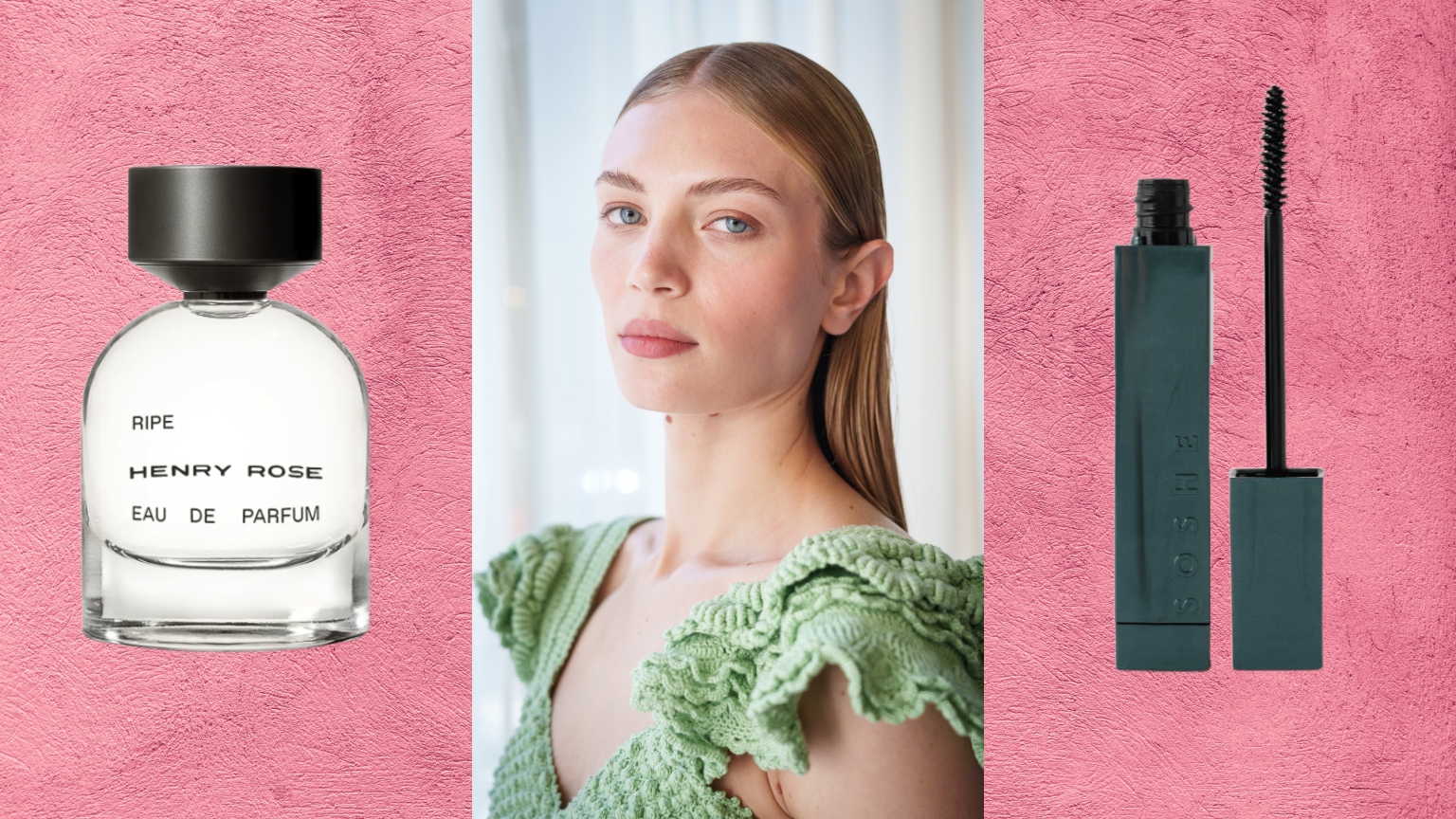 a blonde woman in a green knit top over a pink background with two beauty products on either side of her