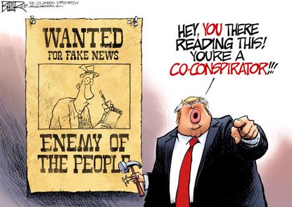 Political cartoon U.S. Trump conspirator fake news enemy of the people media
