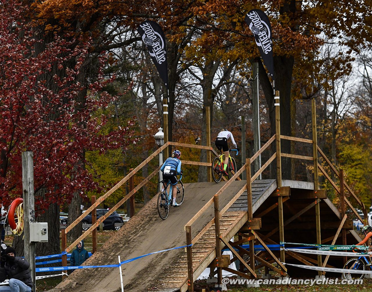 Maghalie Rochette (Can) CX Fever p/b Specialized leading Ellen Noble (USA) Trek Factory Racing on the Fly Over