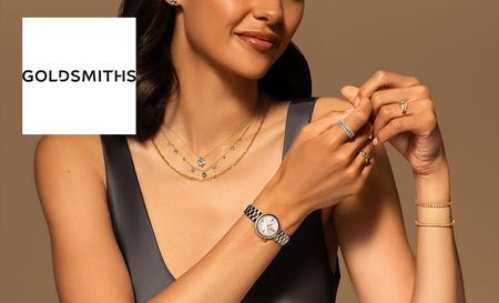 goldsmiths logo top left with a picture of a woman posing with jewellery and a watch