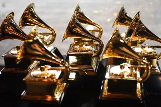Grammy trophies sit in the press room