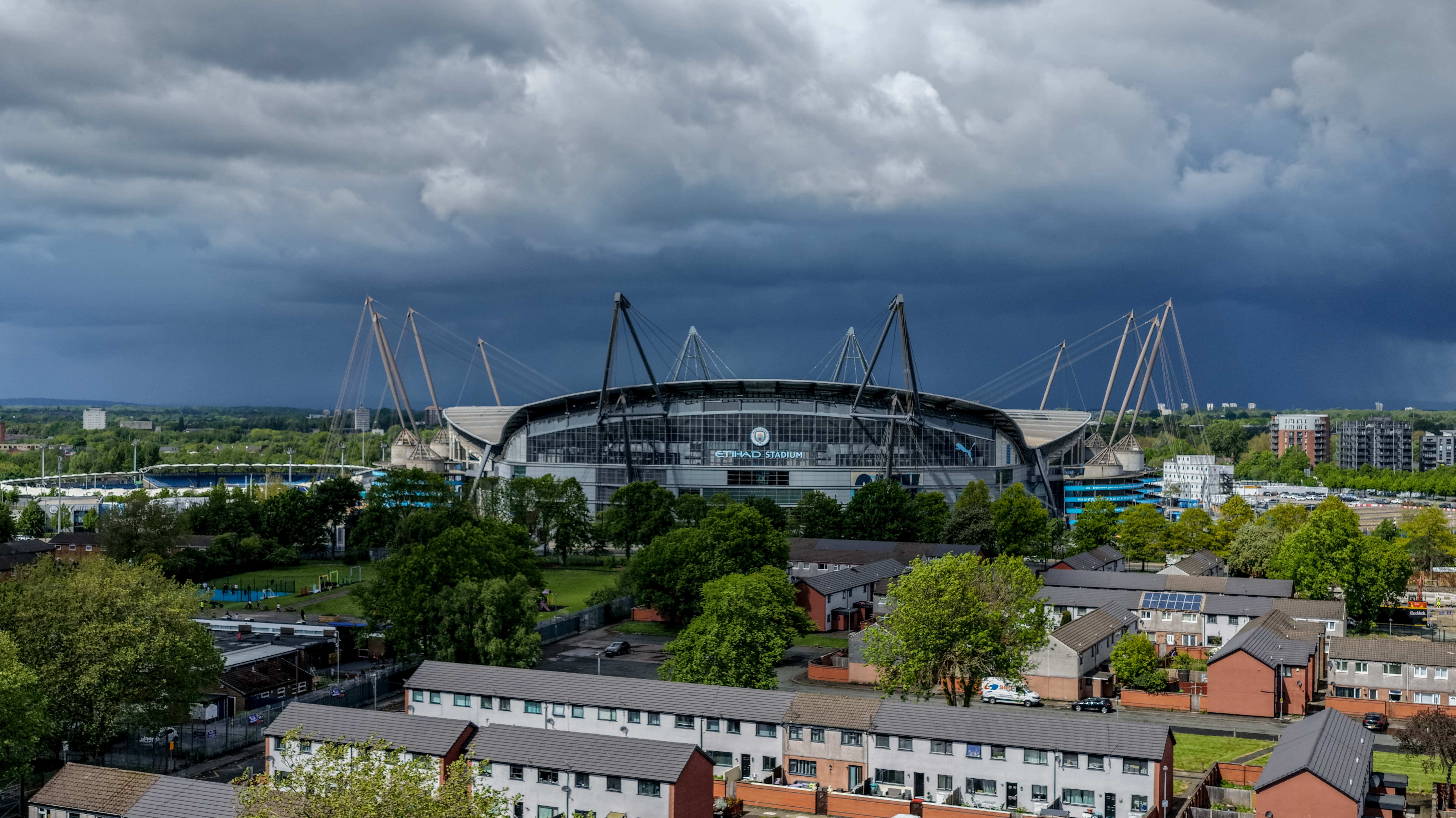 An aerial view of The Etihad Stadium during the Premier League match between Manchester City and Crystal Palace in Manchester, United Kingdom, on May 13, 2026. (Photo by Mark Cosgrove/News Images/NurPhoto via Getty Images)