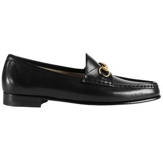 black loafers with gold horsebit
