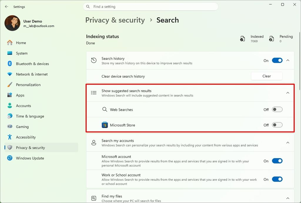 Windows 11 Settings on the Search page showing the options to disable web searches and Microsoft store suggestions.