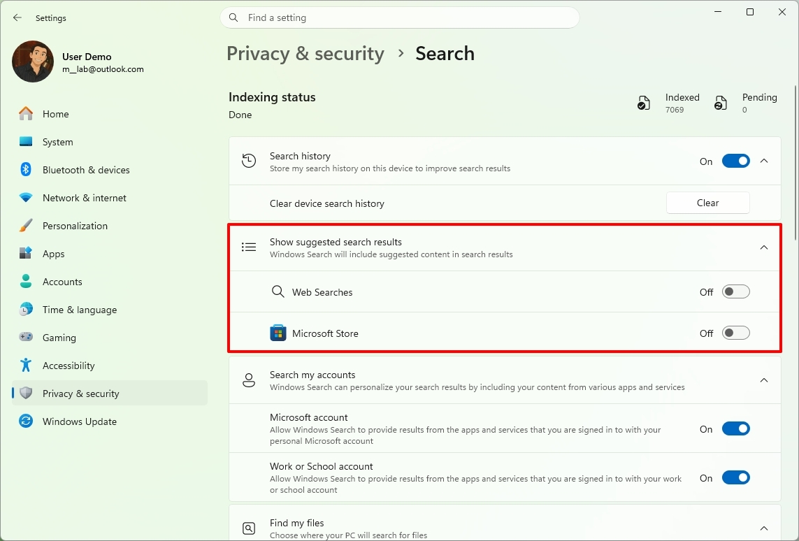 Windows 11 Settings on the Search page showing the options to disable web searches and Microsoft store suggestions.
