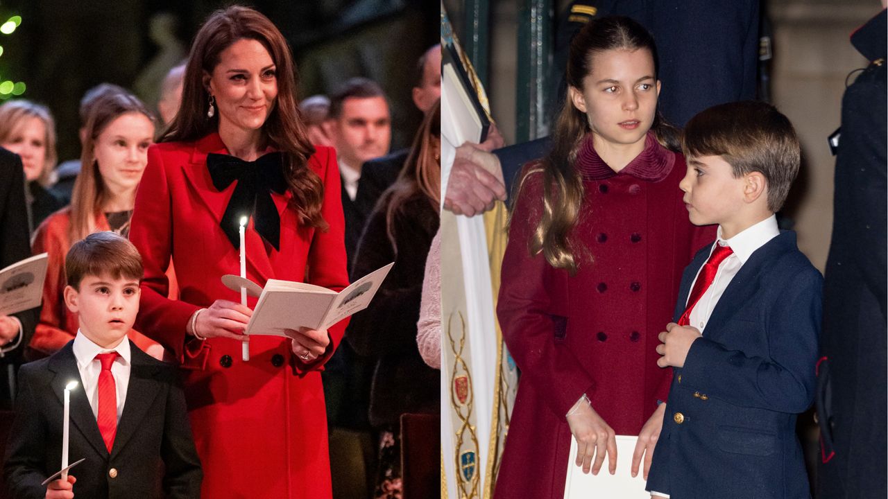 Princess Kate and Prince Louis holding candles in church next to a photo of Prince Louis and Princess Charlotte standing outside in coats