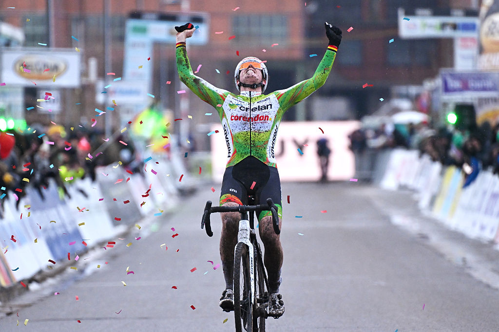 BERINGEN, BELGIUM - JANUARY 10: Marion Norbert Riberolle of Belgium celebrates at finish line as gold medalist during the 109th Belgian National Cyclo-cross Championships 2026 - Women&amp;apos;s Elite on January 10, 2026 in Beringen, Belgium. (Photo by Luc Claessen/Getty Images)