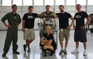 Made in Space working in Houston, TX at NASA Johnson Space Center for microgravity testing. Made in Space members in the photo include Jason Dunn, Brinson White, Mike Snyder, Alison Lewis, Adam Ellsworth, and Aaron Kemmer.