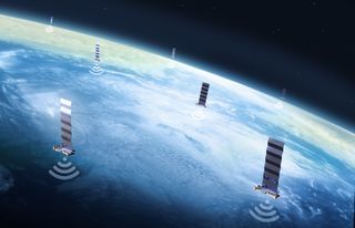 An artist's illustration of how SpaceX's Starlink satellite internet constellation beams broadband access from orbit.