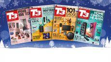 Four recent T3 magazine covers on a Christmas background.