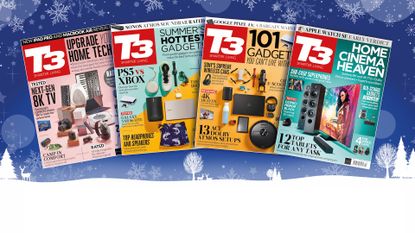 Four recent T3 magazine covers on a Christmas background.
