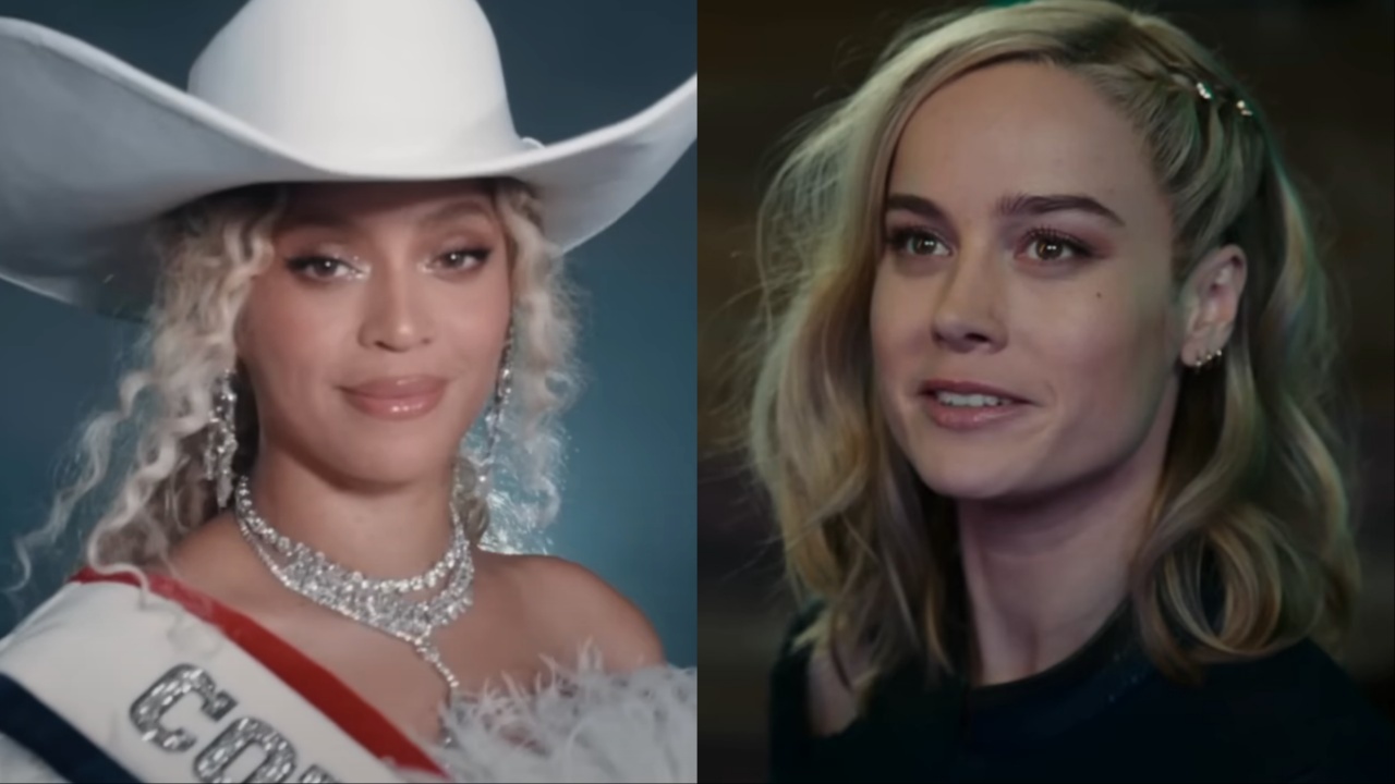 Beyonce in Cowboy Carter bowl and Brie Larson in The Marvels