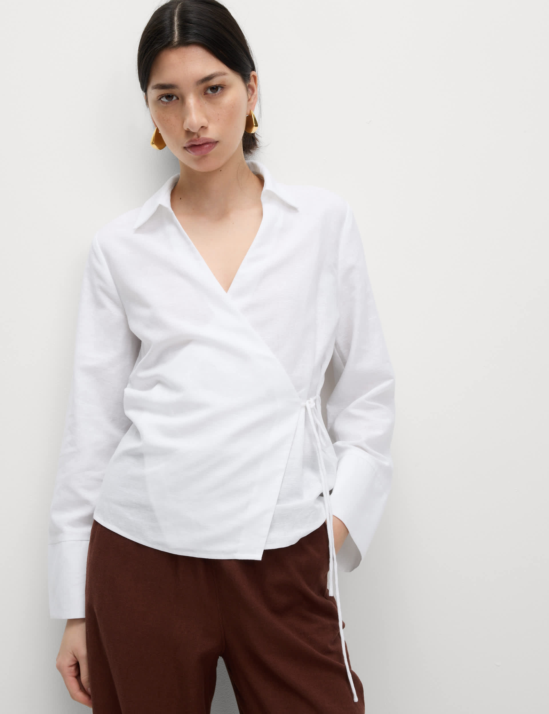 Linen Rich Collared Tie Front Shirt