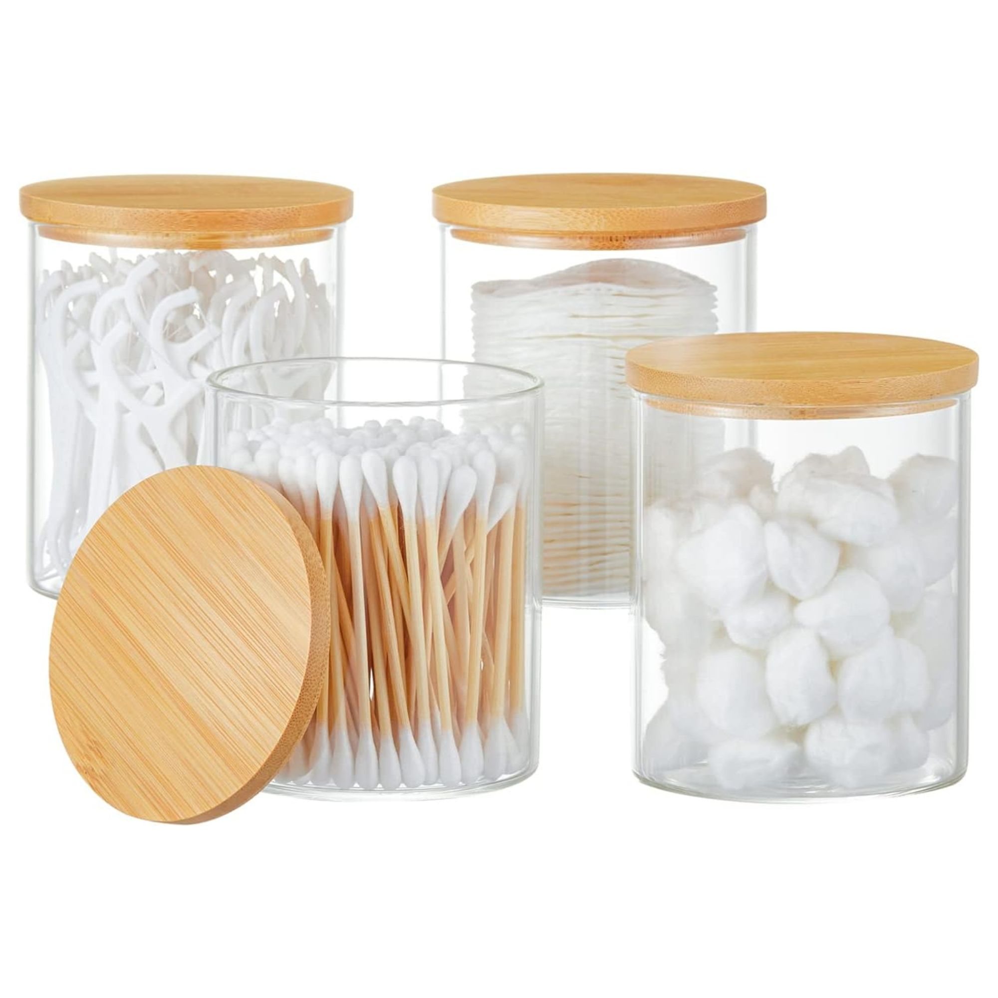 Iniunik 4 Pack Glass Qtip Holder Dispenser Glass Apothecary Jars