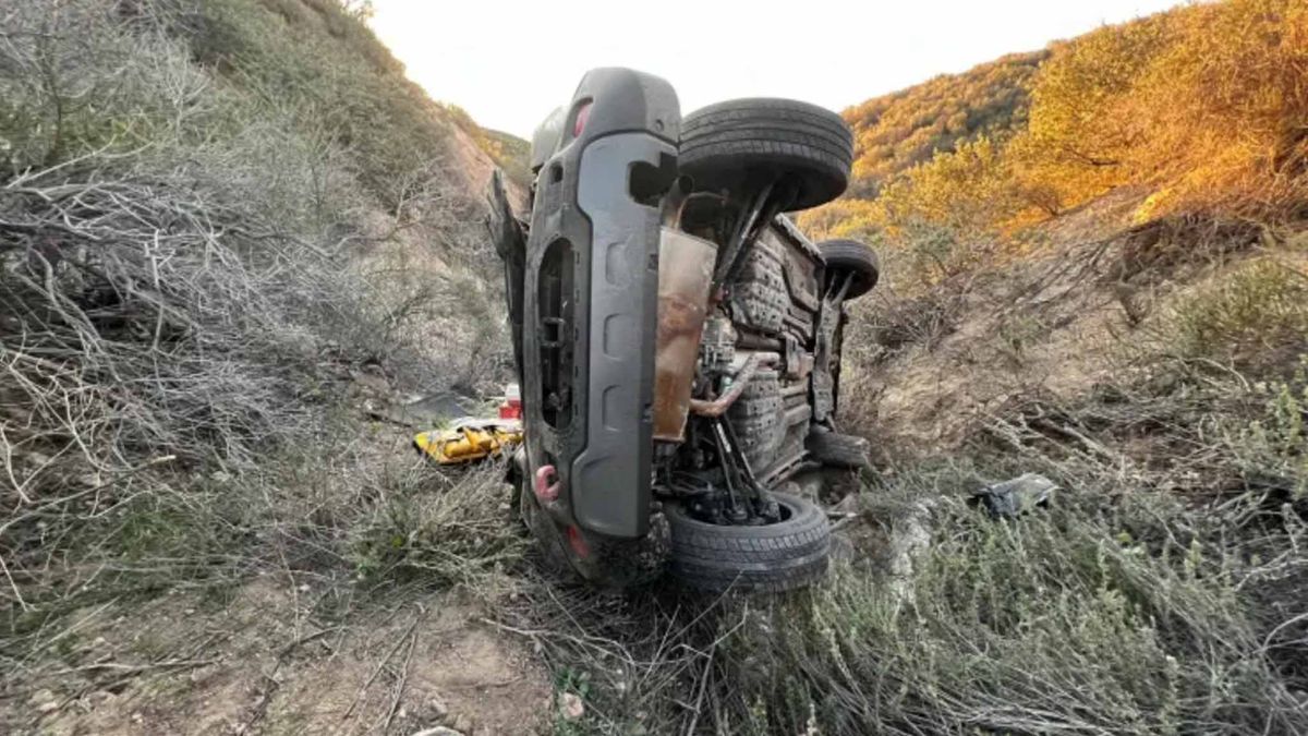 A picture of a woman&#039;s crashed vehicle provided by the San Bernardino County Fire Department