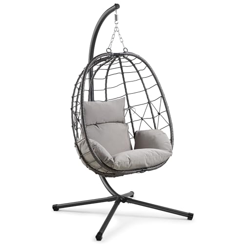 Vonhaus Hanging Egg Chair - Grey Rattan Garden Swing With Stand - 1 Seater With Padded Cushions and Folding Frame - Foldable Swing for Patio, Balcony - Outdoor & Indoor