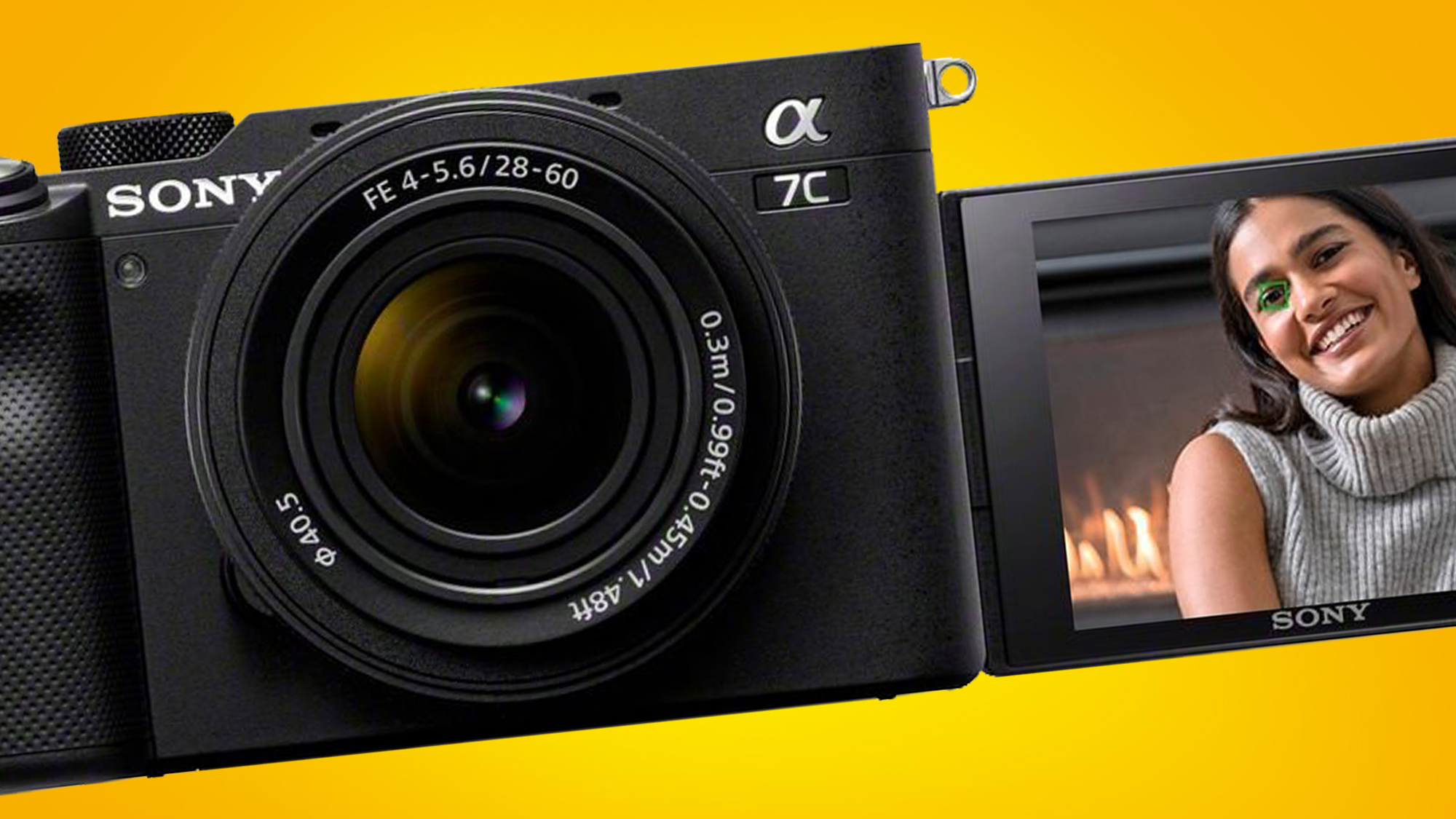 The Sony A7C camera on a yellow background