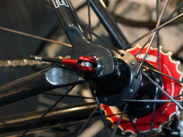 Molded carbon fiber dropouts are a break from the machined titanium units used on Parlee's custom frames.