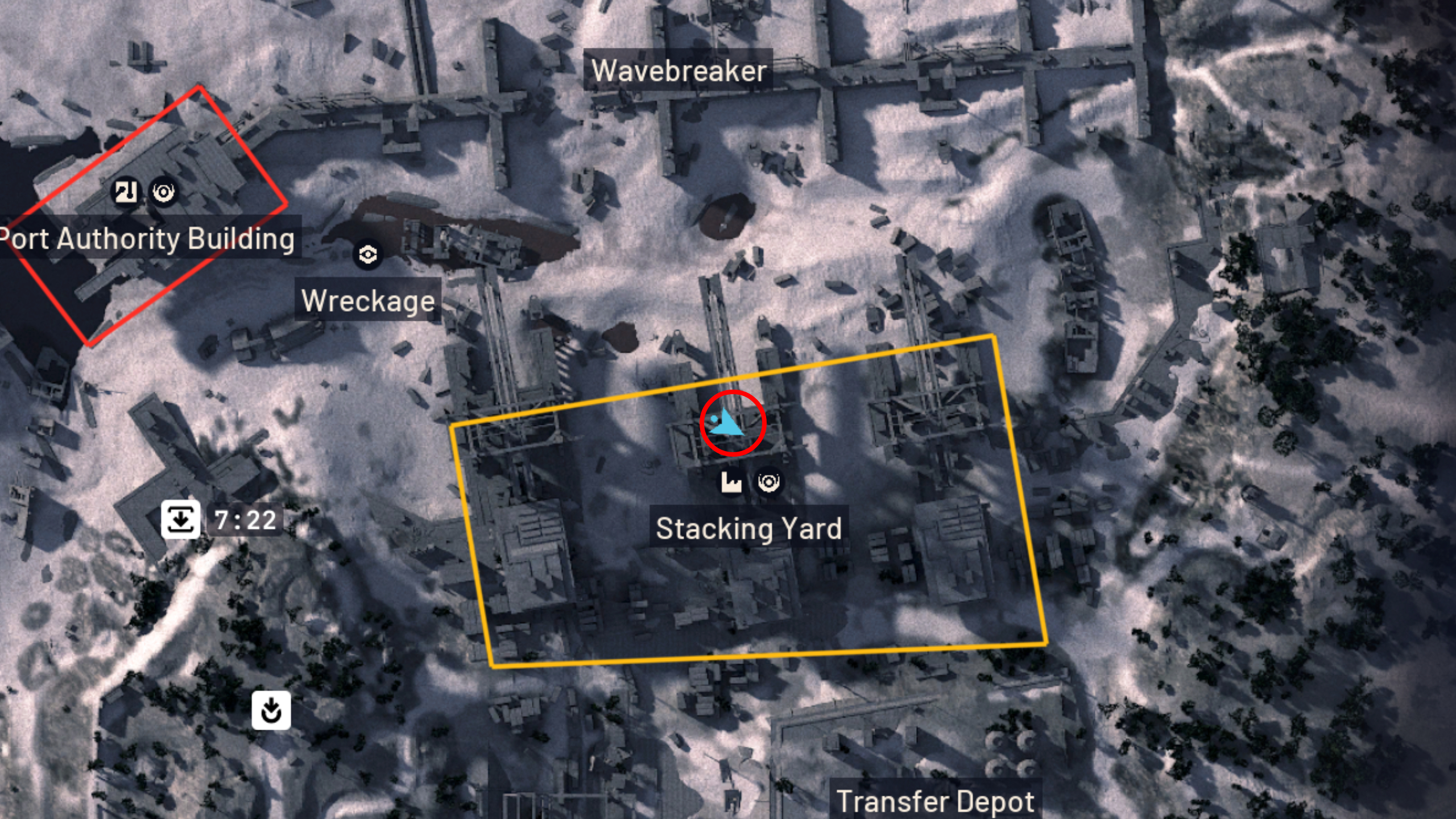Arc Raiders Shoring Up Defenses: A map with a red circle highlighting the location of the Raider structure in the Stacking Yard.