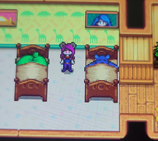 A Stardew Valley player stands flabbergasted in their room after realising they can tuck their plushies into bed. N'aw.