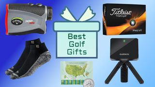 Golf gifts on a blue gradient background.