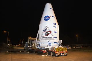 Once OSIRIS-REx was loaded into the rocket fairing, it left the Payload Hazardous Servicing Facility at NASA's Kennedy Space Center and began its trip to Space Launch Complex 41.