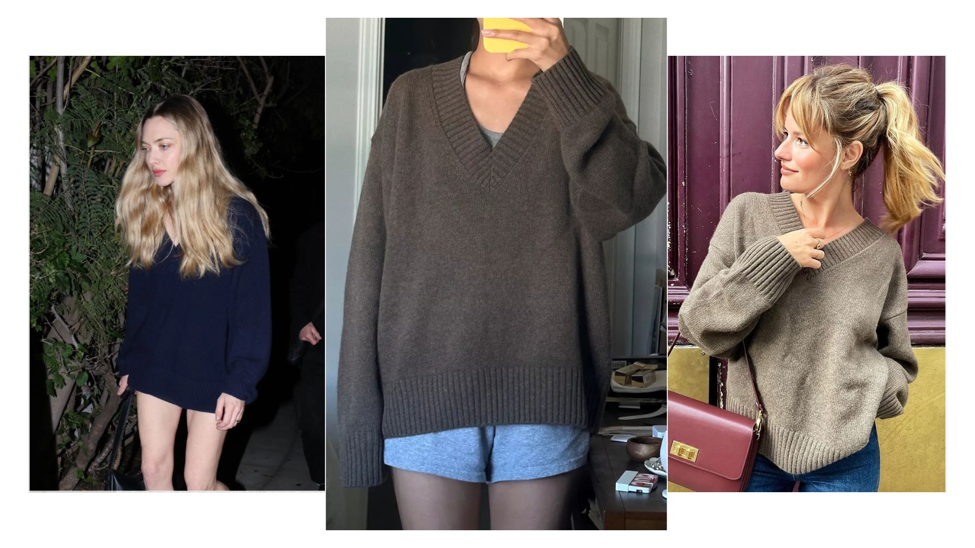 Collage of influencers wearing Reformation's v-neck cashmere jumper.