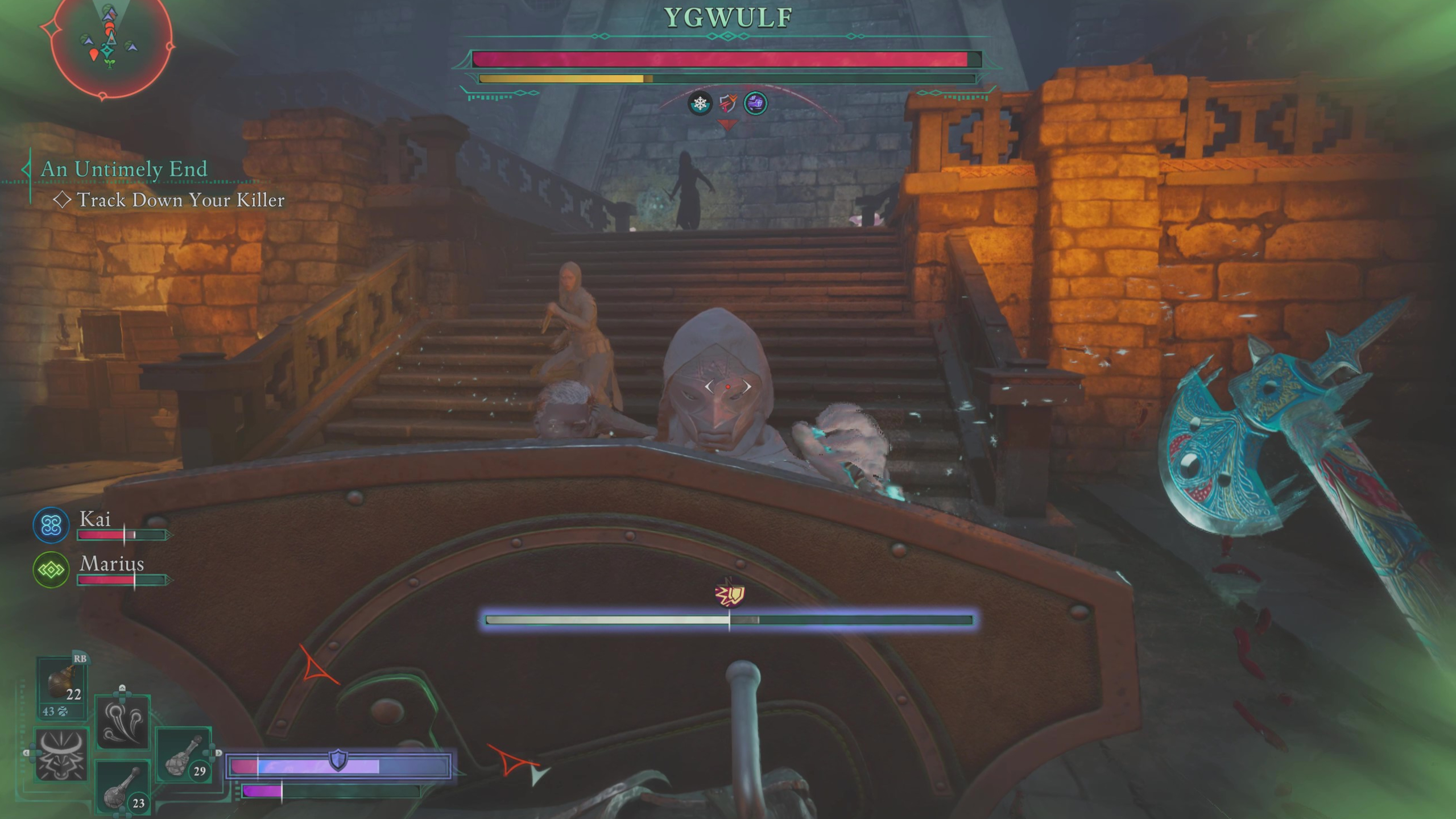 Avowed kill or spare Ygwulf - The player character blocking Ygwulf's attacks using a shield, while other rebels fight in the background.