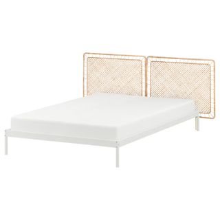 VEVELSTAD Bed frame with 2 headboards, white/Tolkning rattan (Queen)