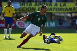 Jared Borgetti celebrates a goal for Mexico against Ecuador at the 2002 World Cup.