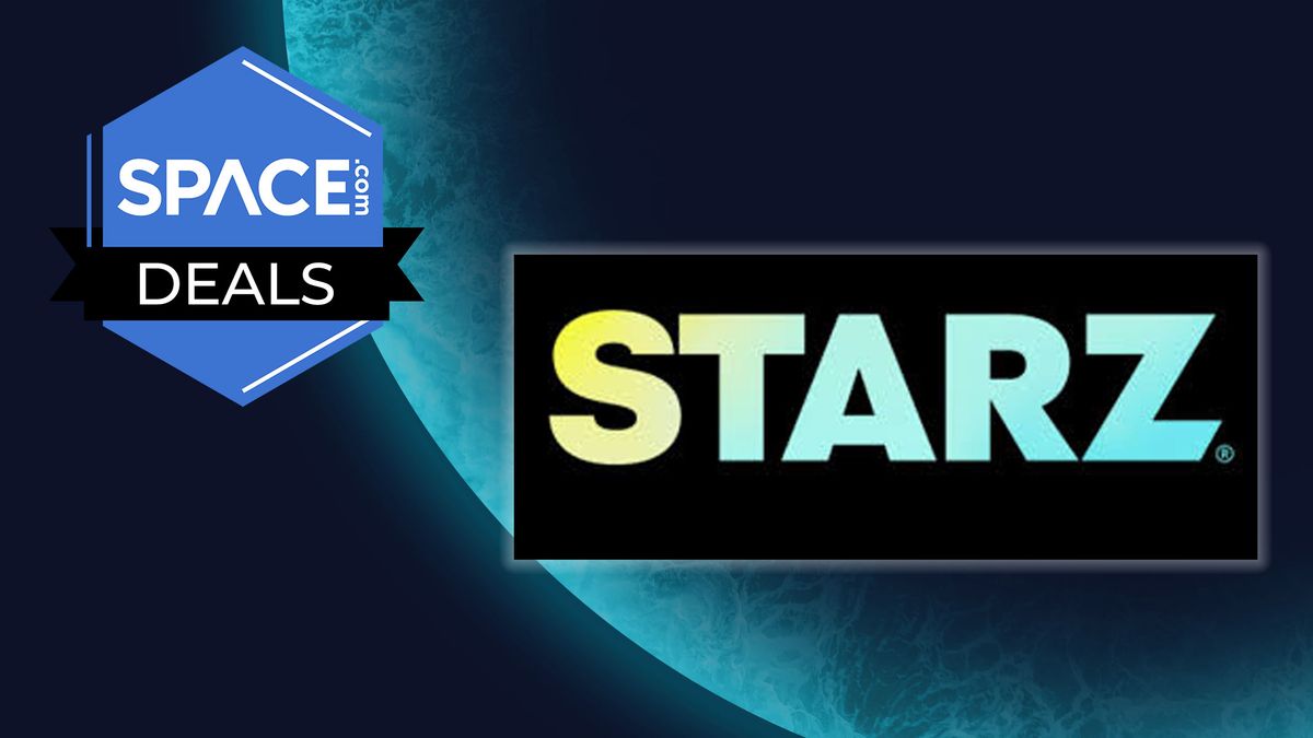 A black rectangular box with &quot;STARZ&quot; written inside it and a white glow appears infront of a blue planet background with the space.com logo in the top left corner