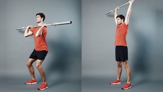 Man demonstrates two positions of the push press using an empty Olympic barbell