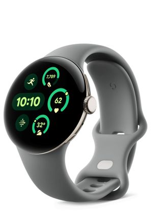 Google Pixel Watch 3 on a black rubber strap