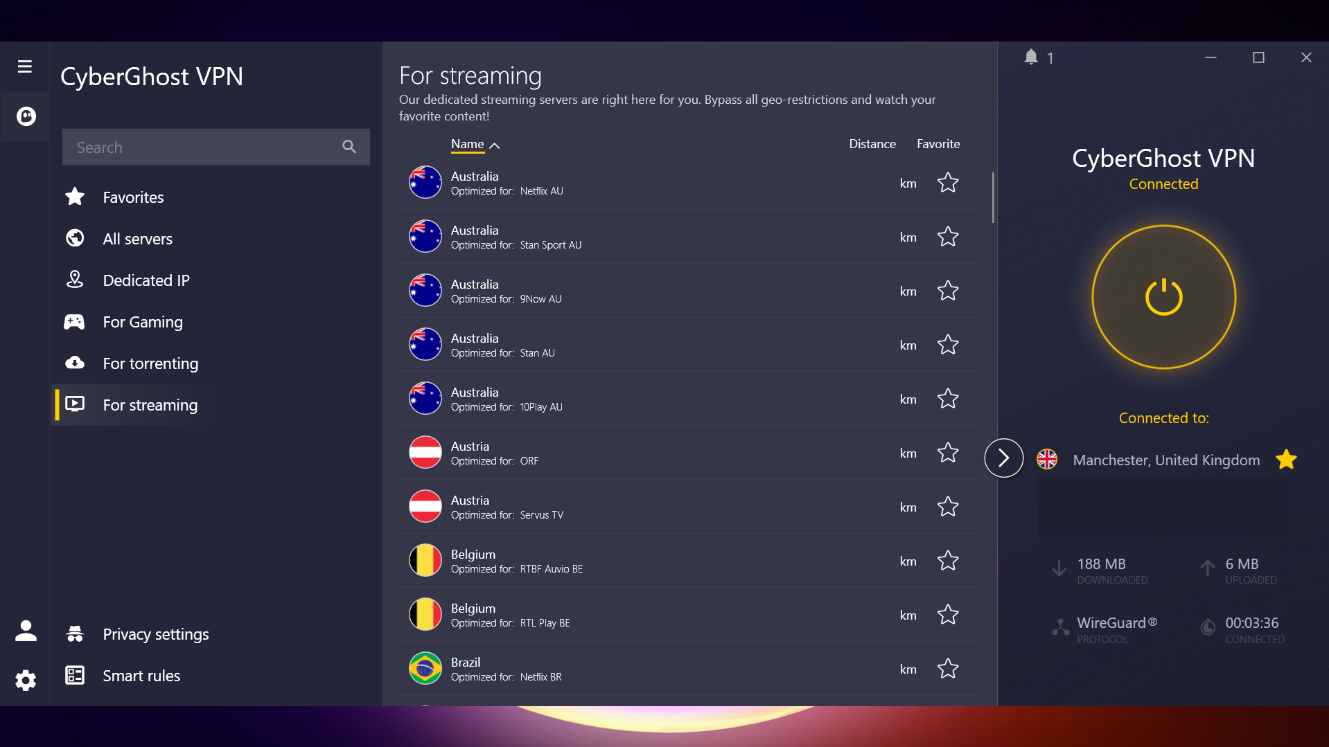 CyberGhost streaming servers