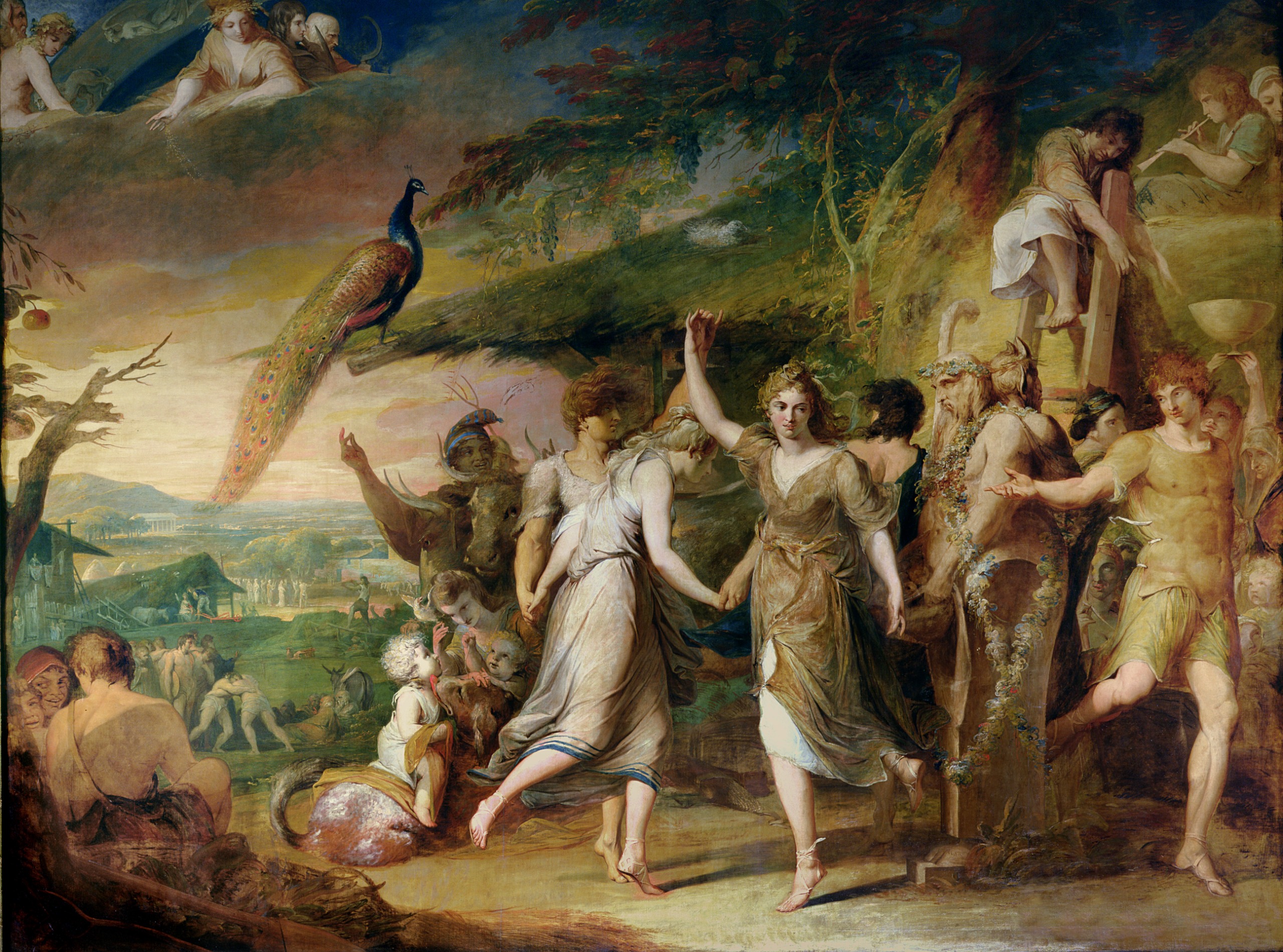 Painting by James Barry of a Grecian family and a peacock celebrating the harvest and dancing