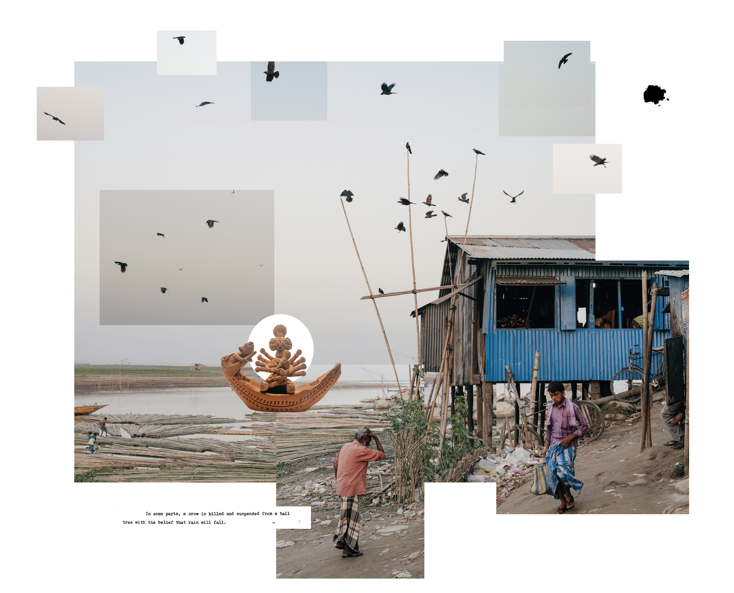 A photo collage featuring a blue wooden stilt building, a clay boat figurine set against a river landscape, people walking along a dirt path, and birds flying across rectangular sky cutouts.