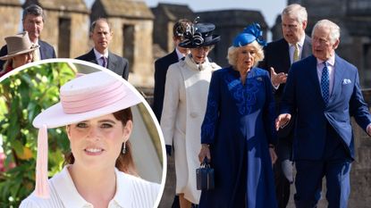 A composite of a roundel of Princess Eugenie on day two of Royal Ascot 2024 and a picture of the Royal Family walking to attend the Easter Sunday service 2023
