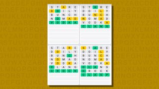 Quordle daily sequence answers for game 799 on a yellow background