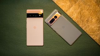Google Pixel 7 Pro and Pixel 6 Pro on green and gold background