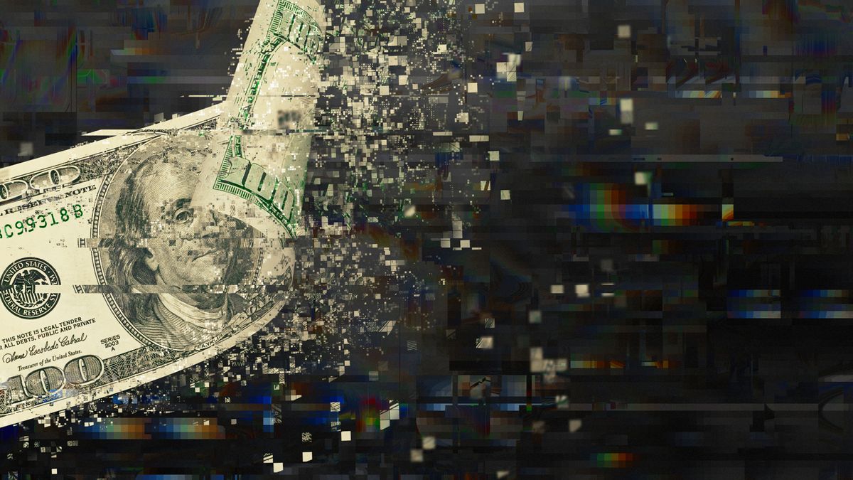 Open-source software attacks: Dollar bill seemingly disintegrating into pixels, denoting cyber attacks on finance