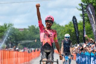 Lachlan Morton (EF Education-EasyPost) celebrates his win at the Unbound Gravel 200 pro men's race in 2024