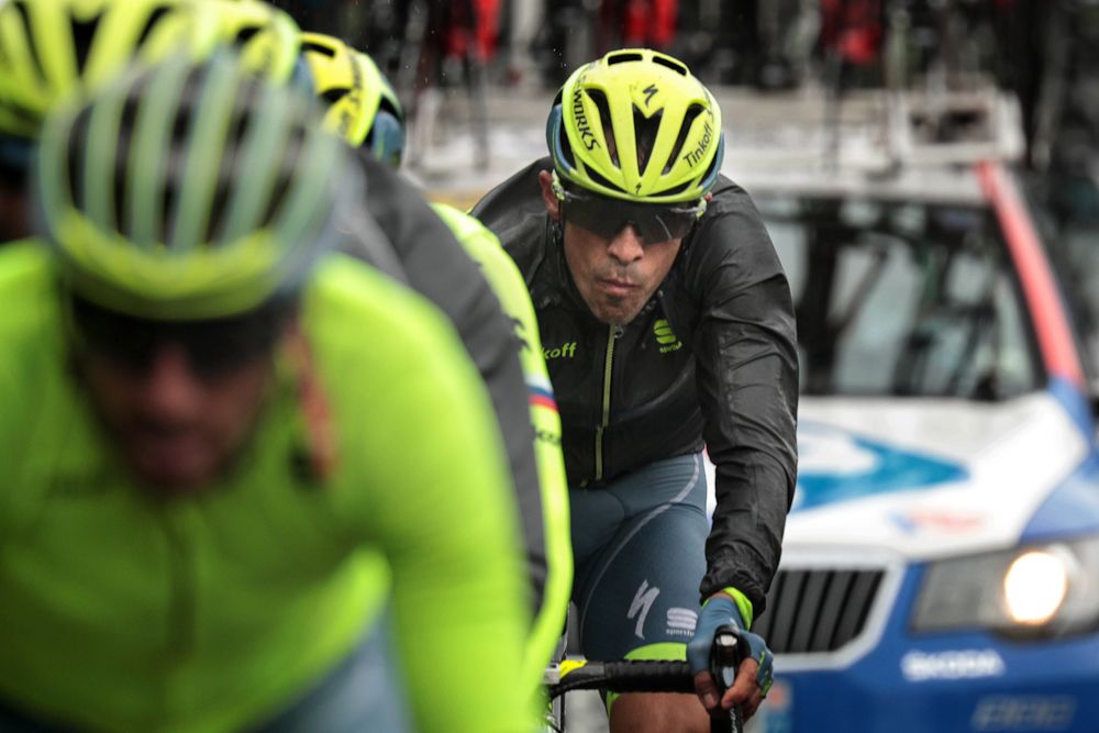 Alberto Contador makes his way back to the bunch after a stage 2 crash